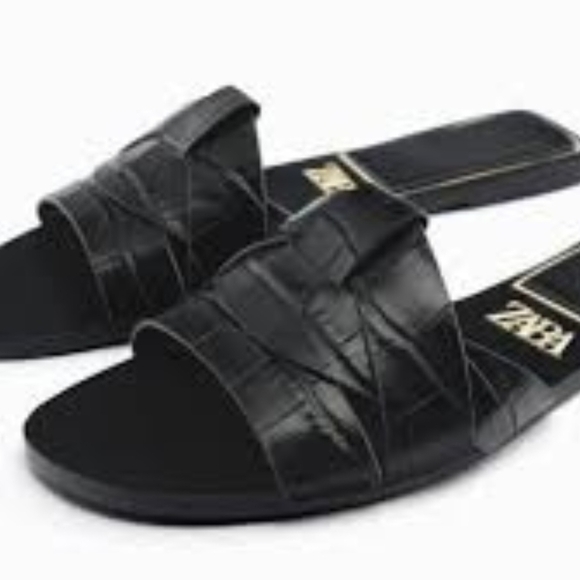 Zara Shoes - Zara Pure Leather Black Croc-Embossed Slide Sandals Sz. 40/9 NWT